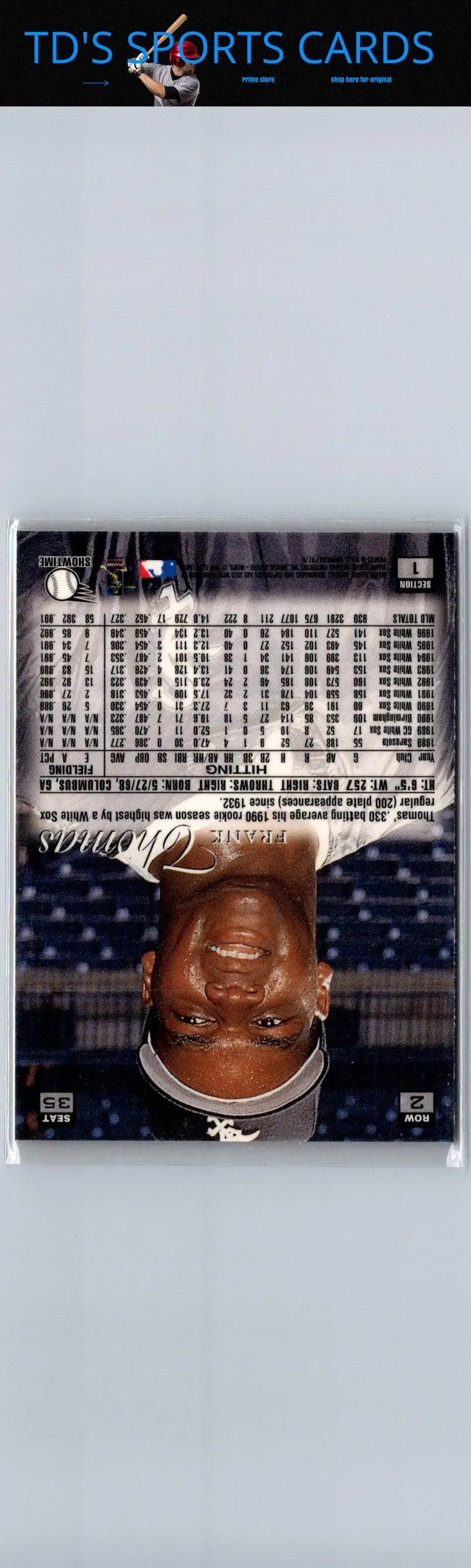 Upside-down baseball trading card featuring Frank Thomas from 1997 Flair Showcase