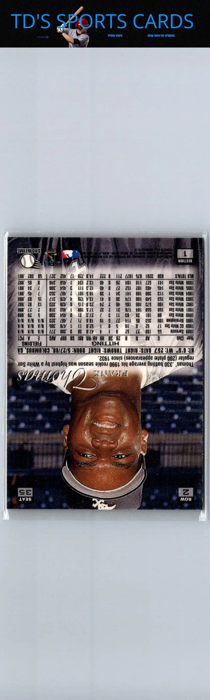 Upside-down baseball trading card featuring Frank Thomas from 1997 Flair Showcase