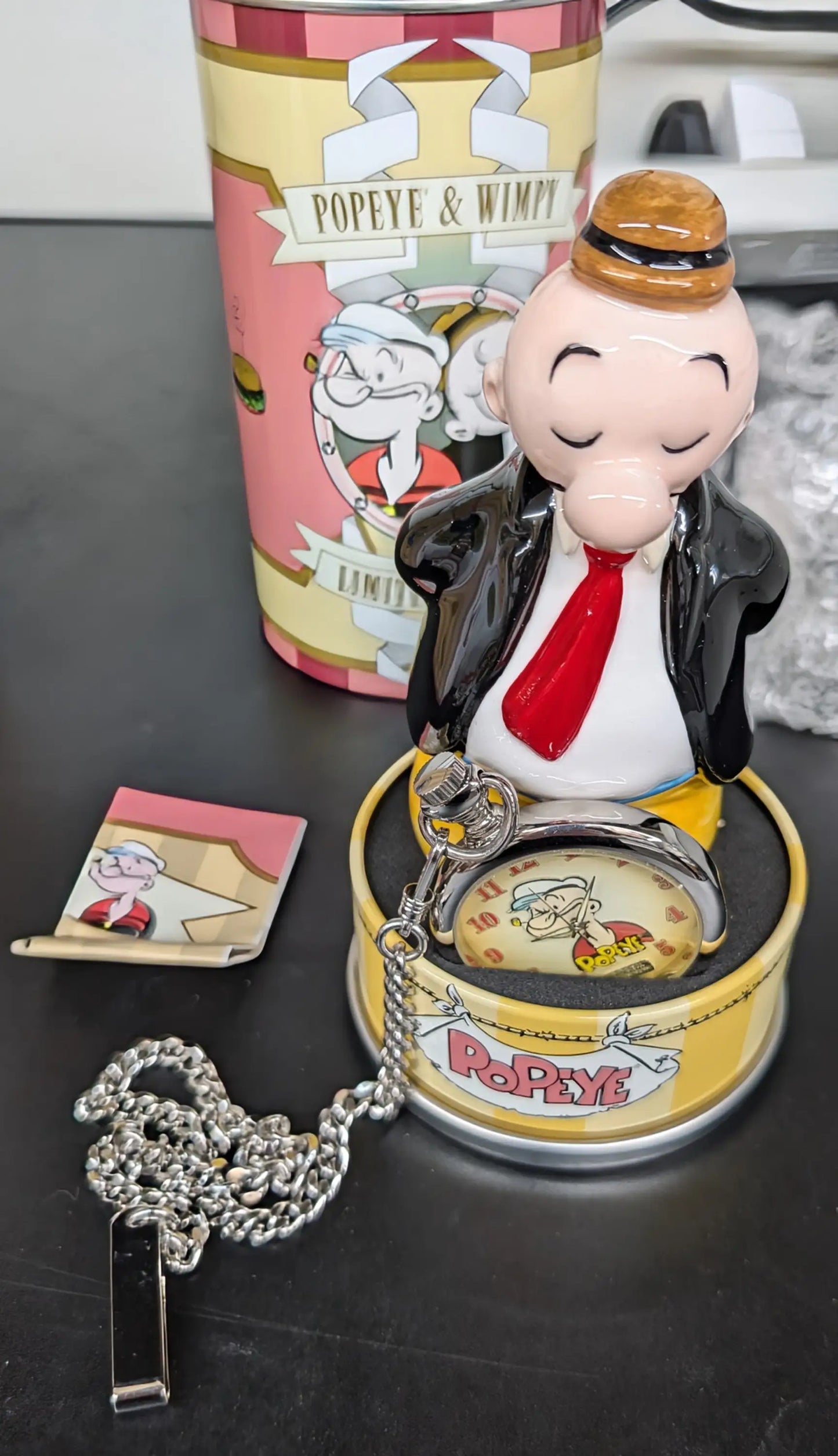 Popeye-themed decorative tin music box for 1997 Fossil limited edition pocket watch