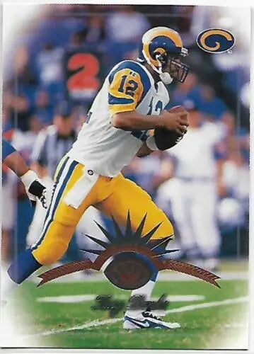 Football player in Rams uniform featured on 1997 Leaf #11 Tony Banks original gloss card