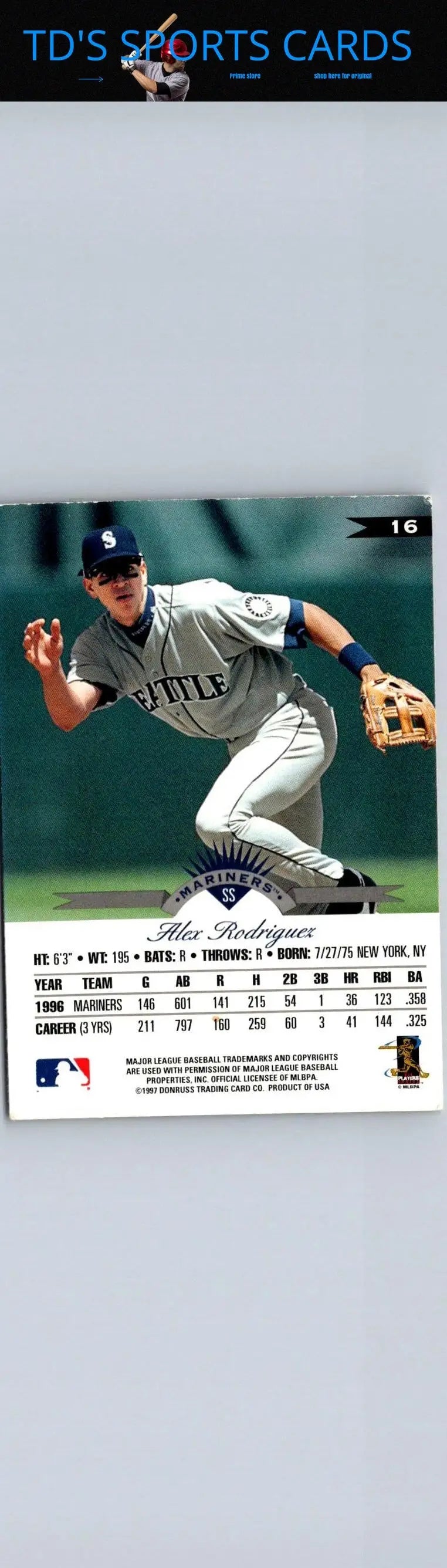 1997 Leaf #16 Alex Rodriguez baseball card, a must-have for trading cards enthusiasts