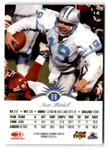 1997 Leaf #18 Scott Mitchell football trading card in Near Mint condition, Lions original gloss