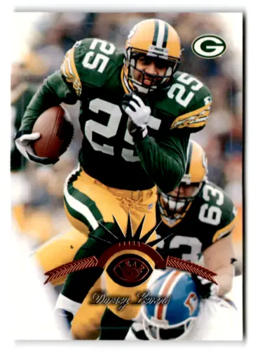 Football player Dorsey Levens in action on 1997 Leaf NM Packers trading card