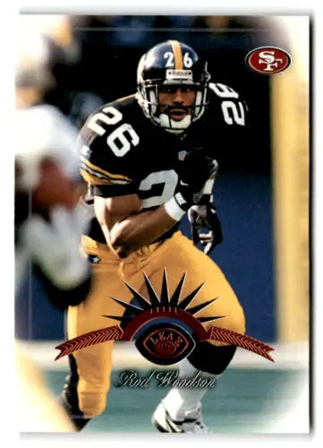 Football player in black and gold uniform, Rod Woodson original gloss collectible