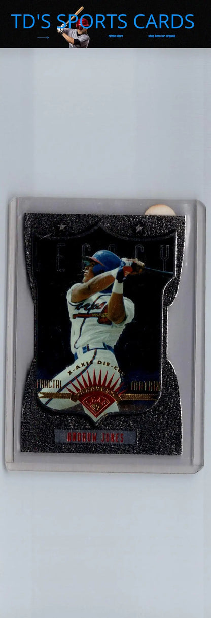 Baseball card in protective case featuring 1997 Leaf Andruw Jones Fractal Matrix Die Cut