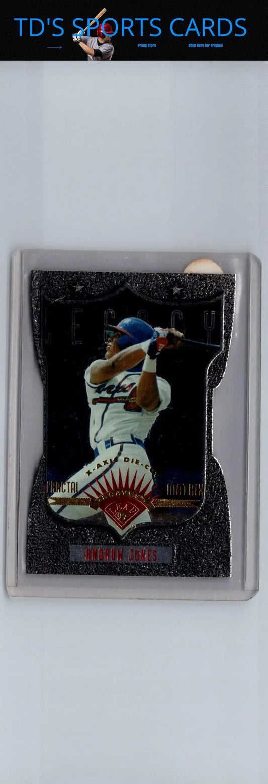 Baseball card in protective case featuring 1997 Leaf Andruw Jones Fractal Matrix Die Cut