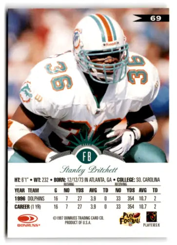 1997 Leaf #69 Stanley Pritchett NM-MT football card featuring original gloss and Dolphins art