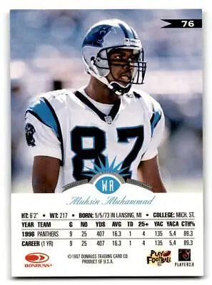 Muhsin Muhammad 1997 Leaf #76 trading card showcasing the football star’s stats