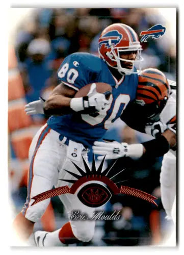 Football player in action featuring Eric Moulds on 1997 Leaf NM Mint Bills card