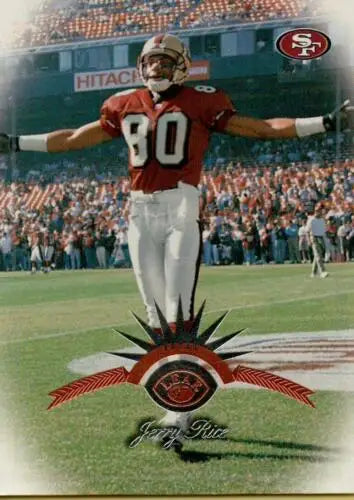 Jerry Rice football card from 1997 Leaf #8, showcasing original gloss and 49ers pride