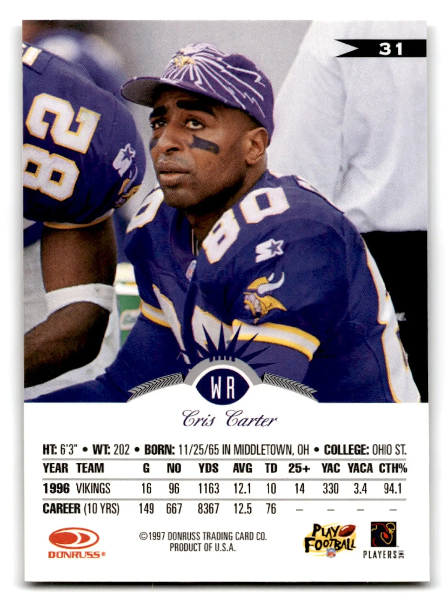 Collectible 1997 Leaf Cris Carter football card featuring Cris Carter in Vikings uniform