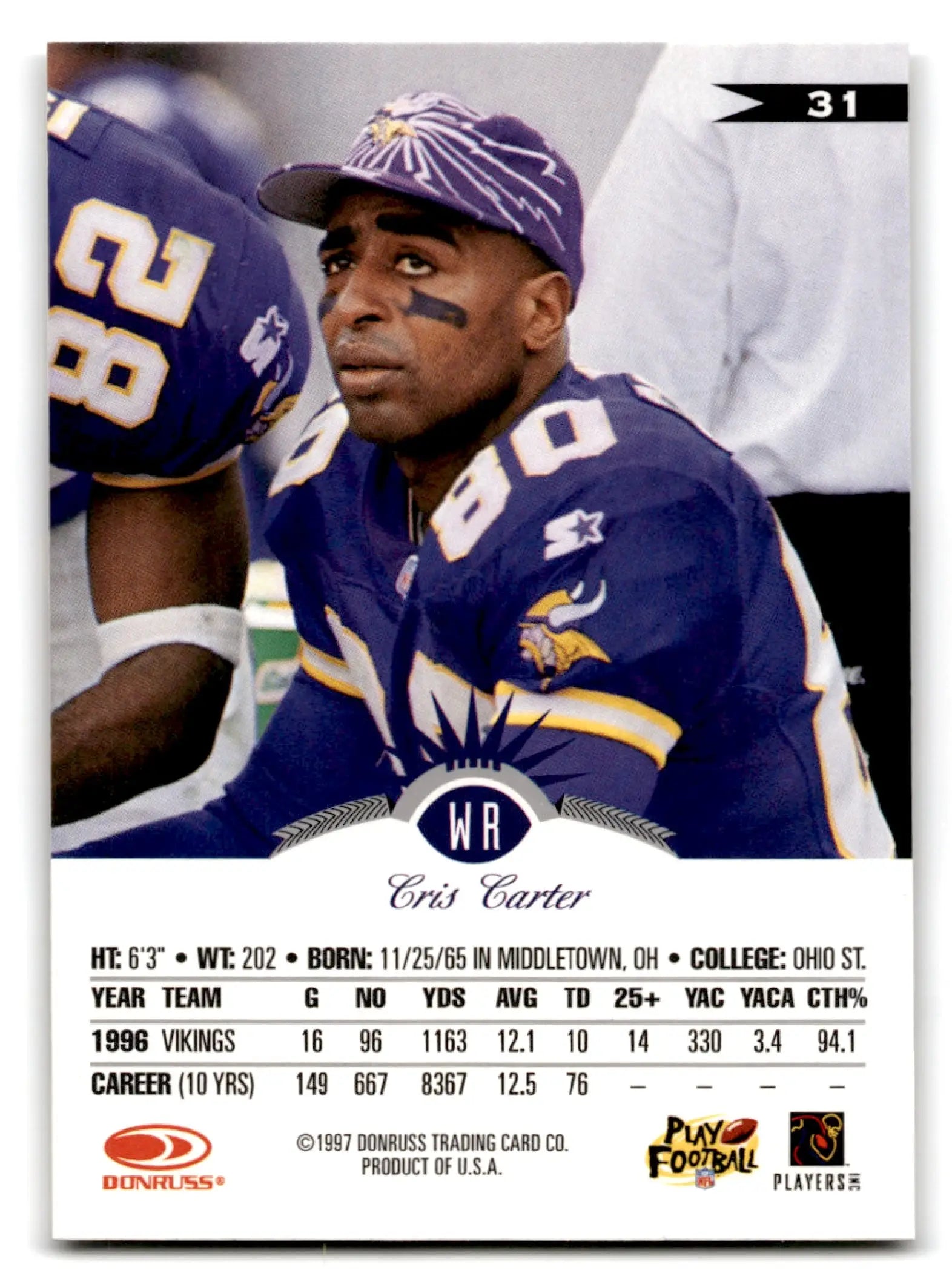Collectible 1997 Leaf Cris Carter football card featuring Cris Carter in Vikings uniform
