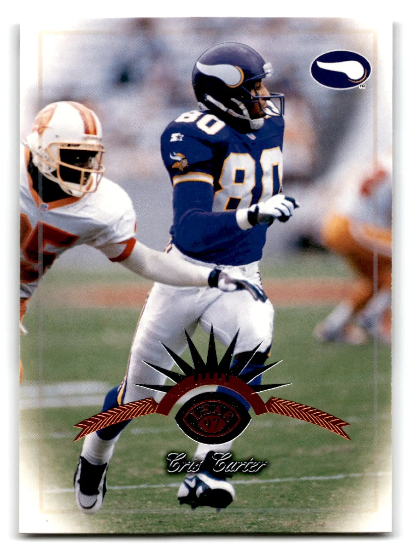Vintage Leaf Cris Carter football trading card featuring Cris Carter in Vikings uniform