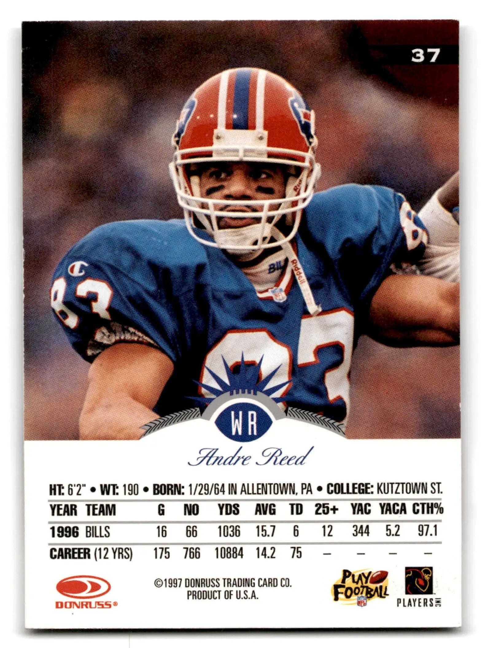 Back of a 1997 Leaf Football Andre Reed card featuring Buffalo Bills player