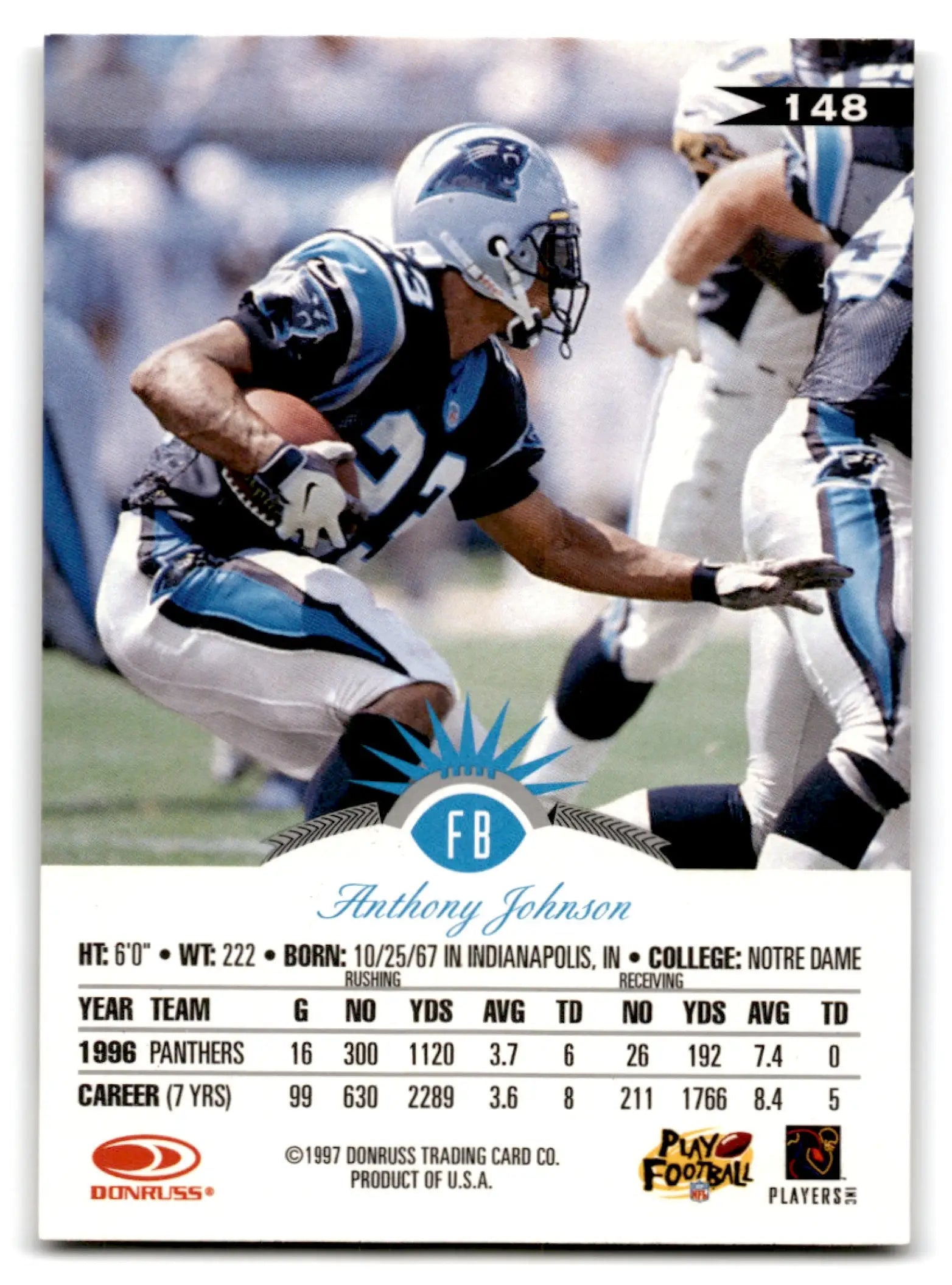 1997 Leaf Football Anthony Johnson trading card for NFL player Carolina Panthers
