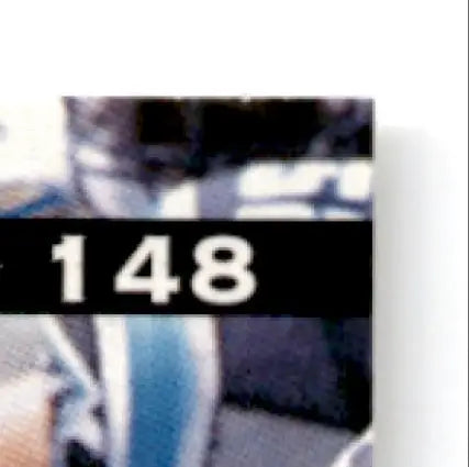 White rectangular card with black stripe and 148 for Leaf Football Anthony Johnson