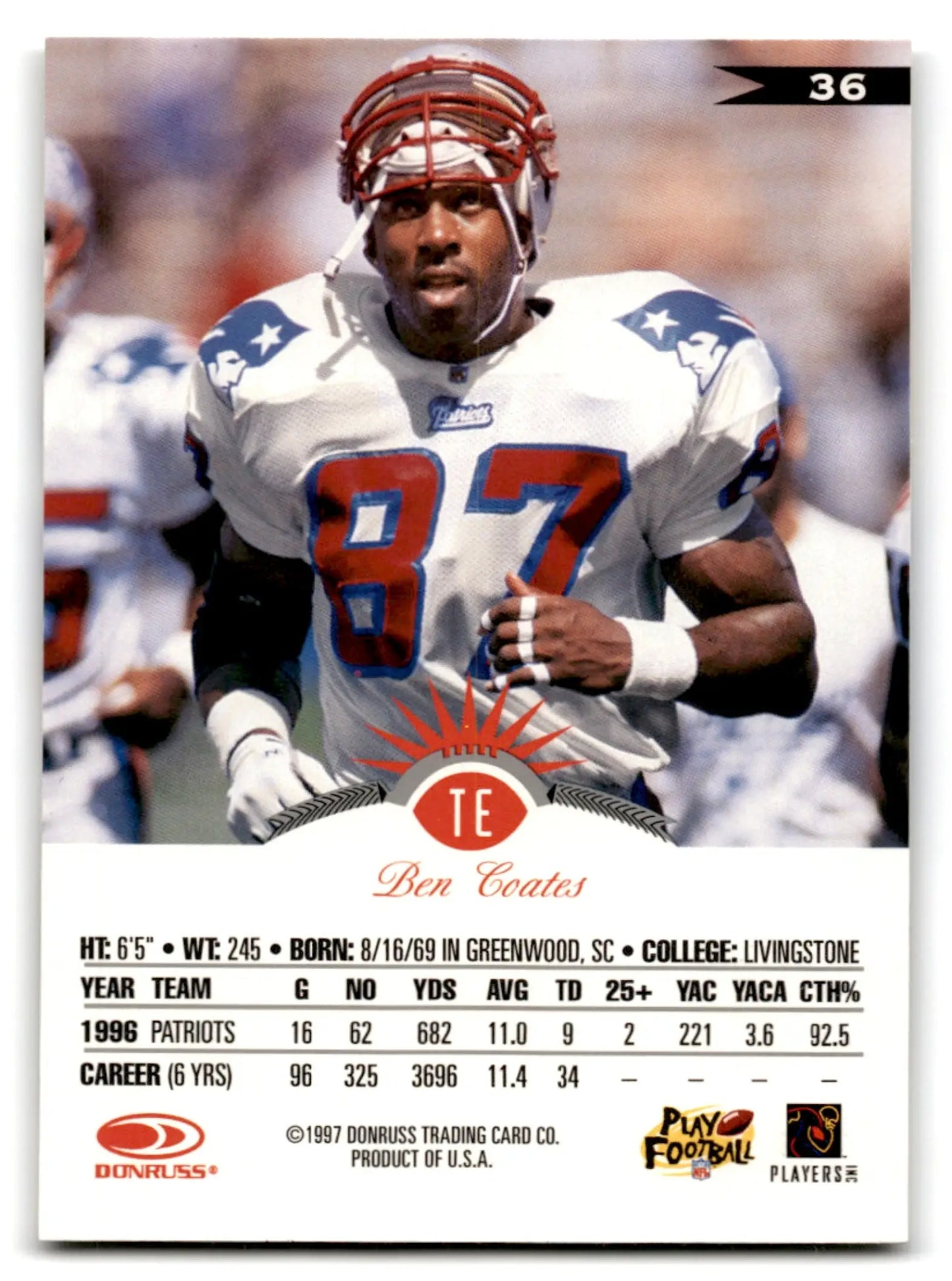 1997 Leaf Football Ben Coates trading card for NFL player Ben Coates New England Patriots