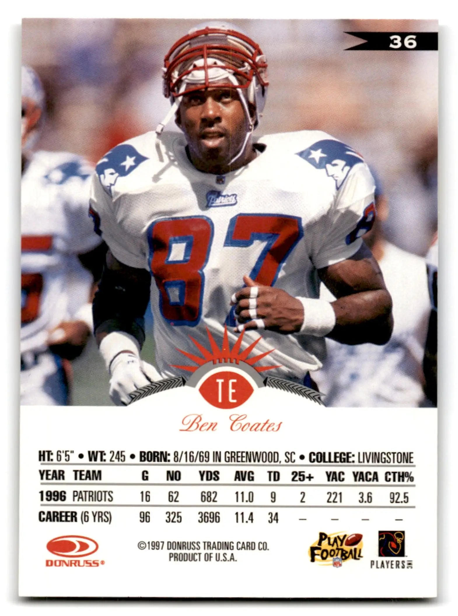 1997 Leaf Football Ben Coates trading card for NFL player Ben Coates New England Patriots