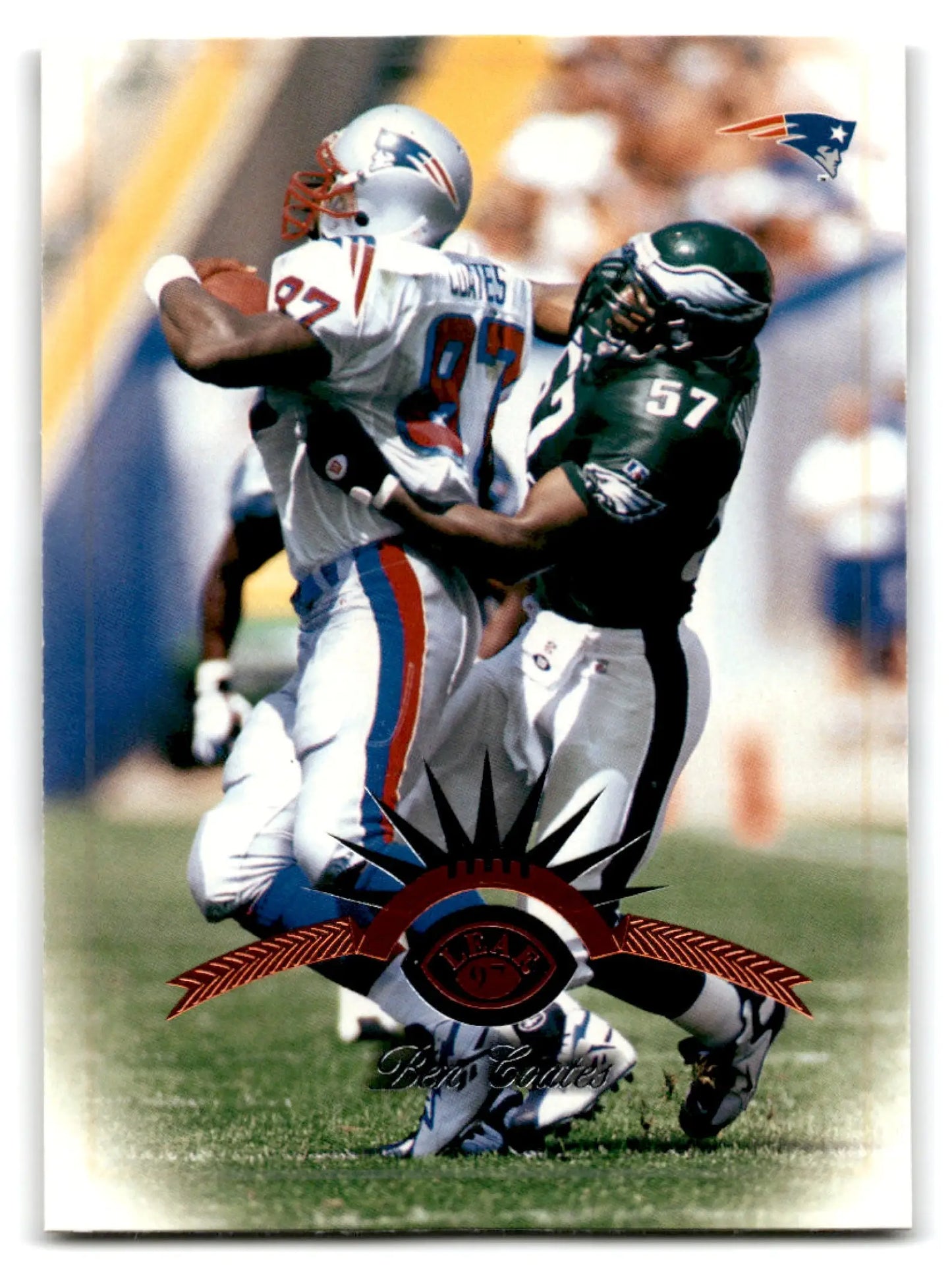 Football Ben Coates trading card from Leaf Football featuring two players in action