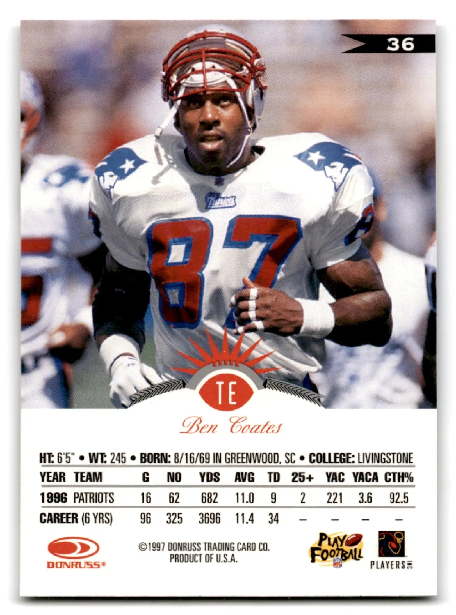 1997 Leaf Football Ben Coates trading card in New England Patriots uniform