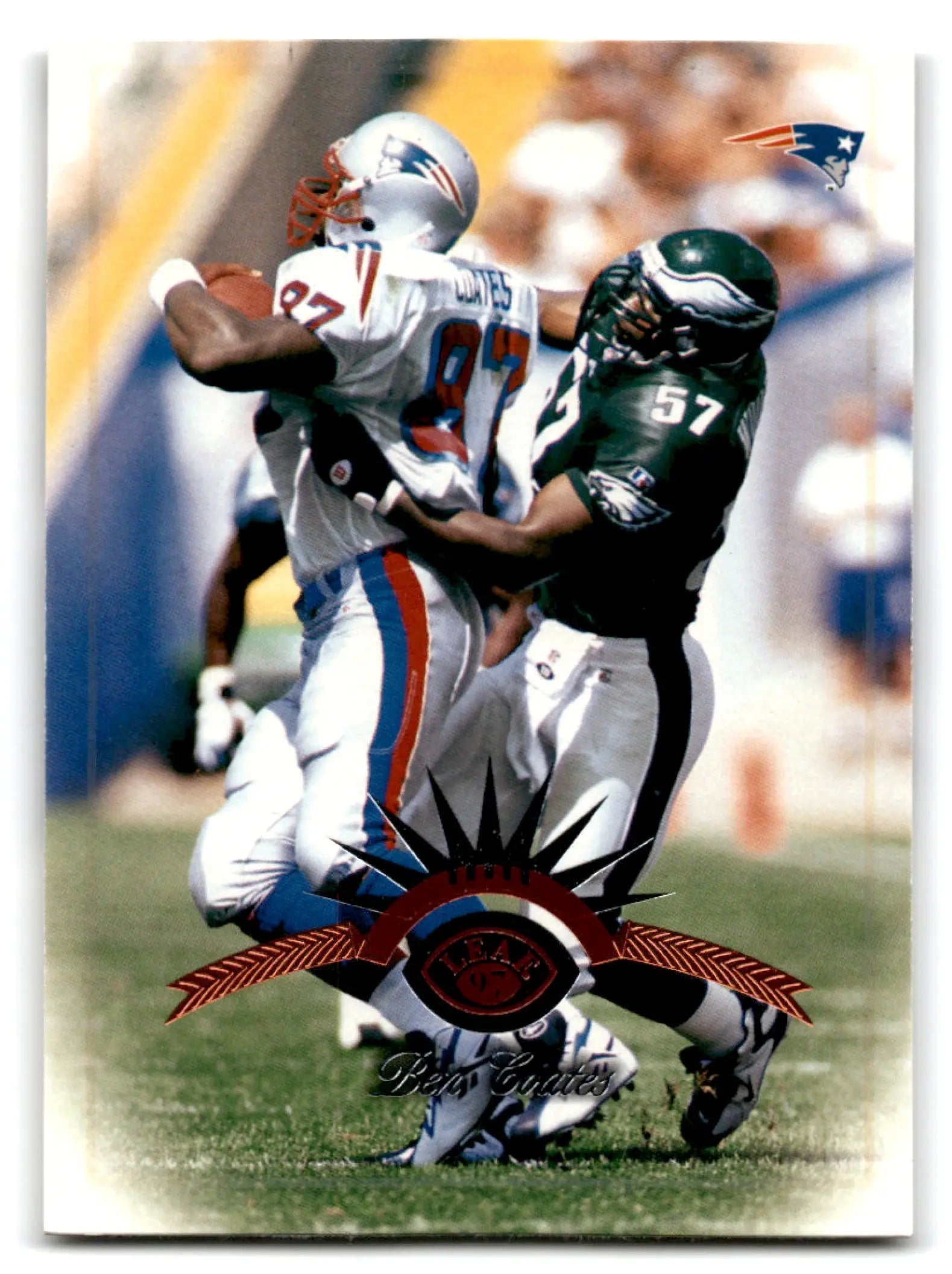 Vintage Leaf Football Ben featuring Ben Coates New England Patriots trading card with Eagles tackle
