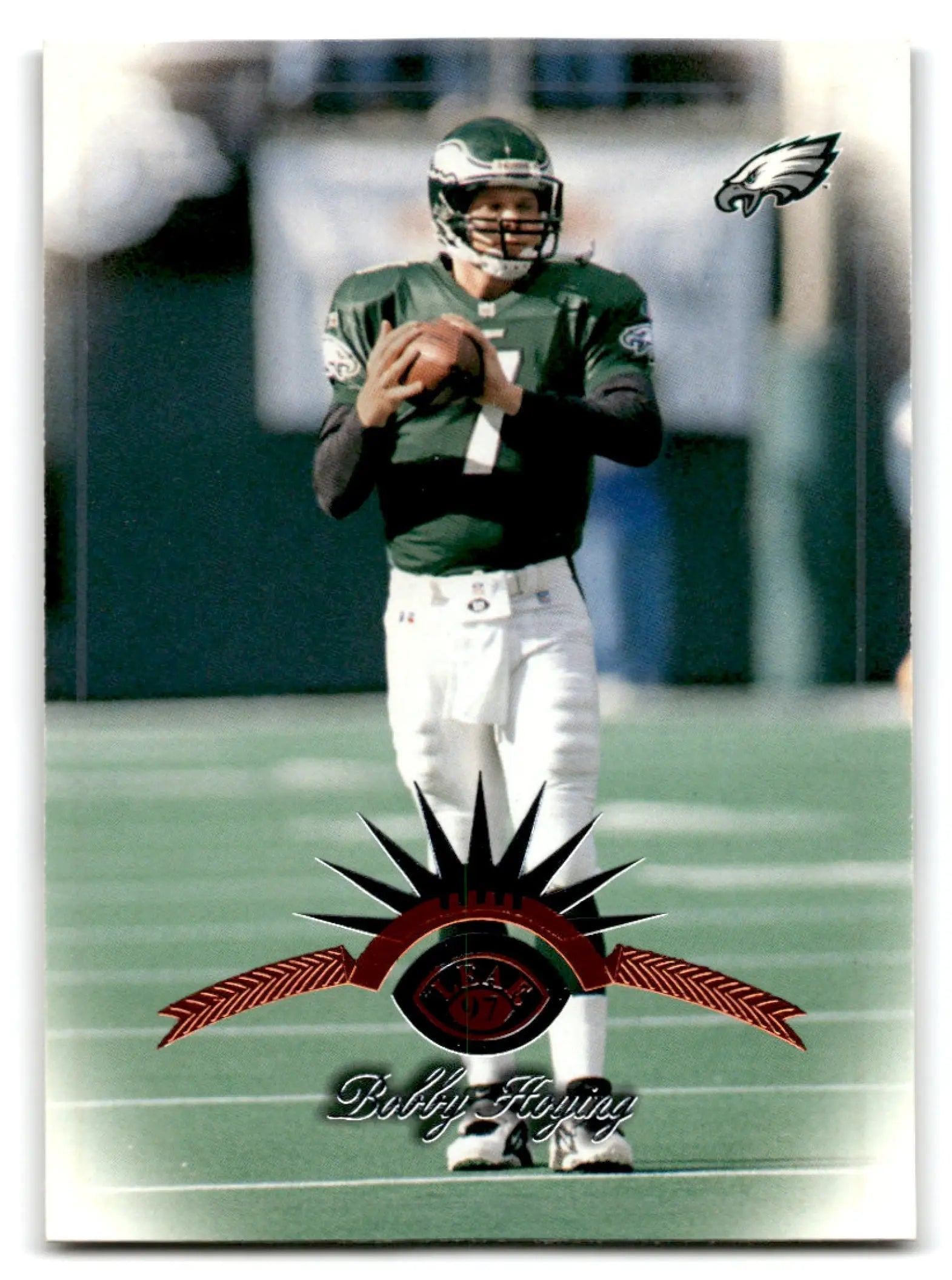 Football trading card featuring Bobby Hoying in Eagles uniform from 1997 Leaf Football series