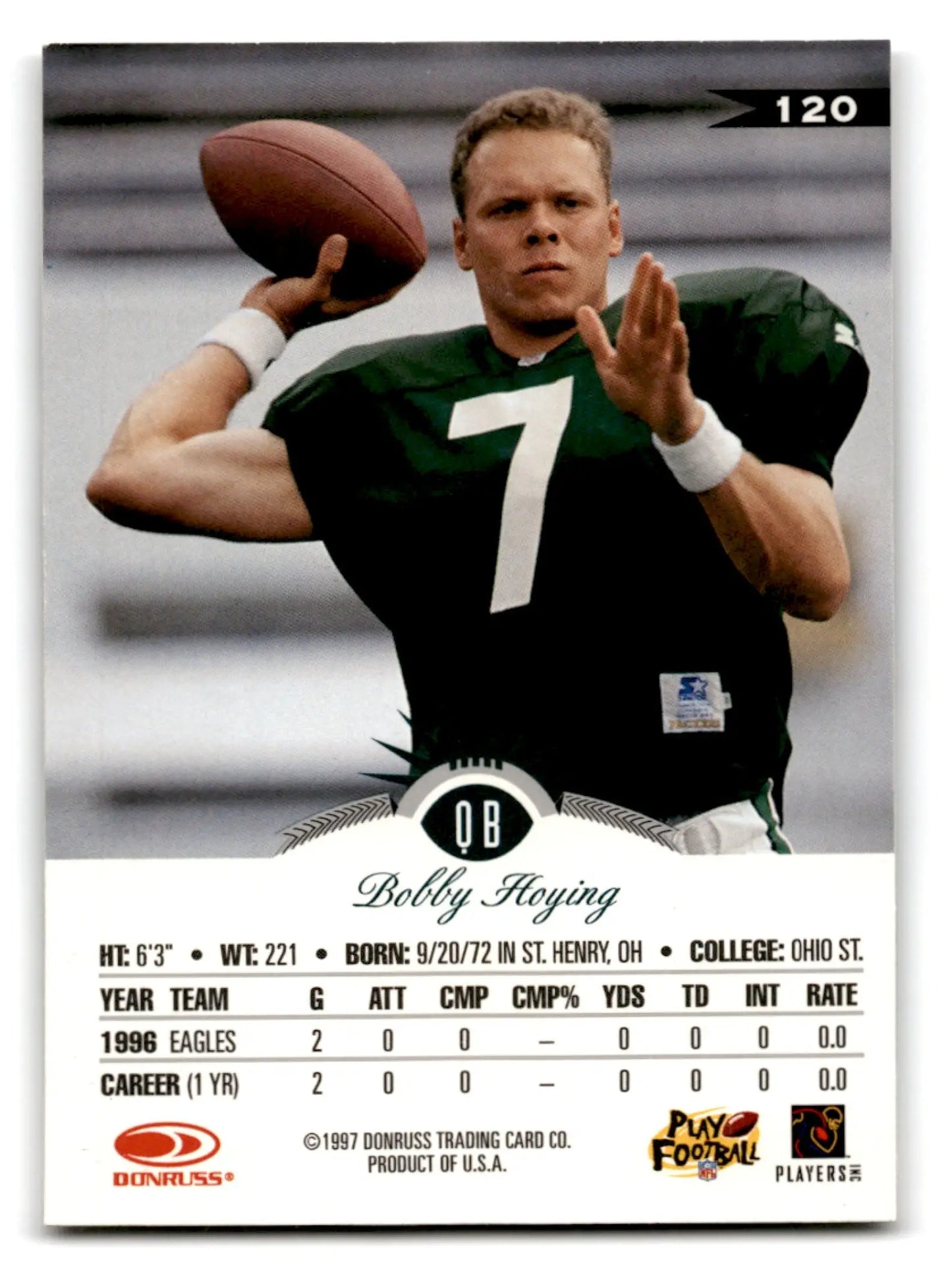 1997 Leaf Football Bobby Hoying card featuring Philadelphia Eagles football bobby player