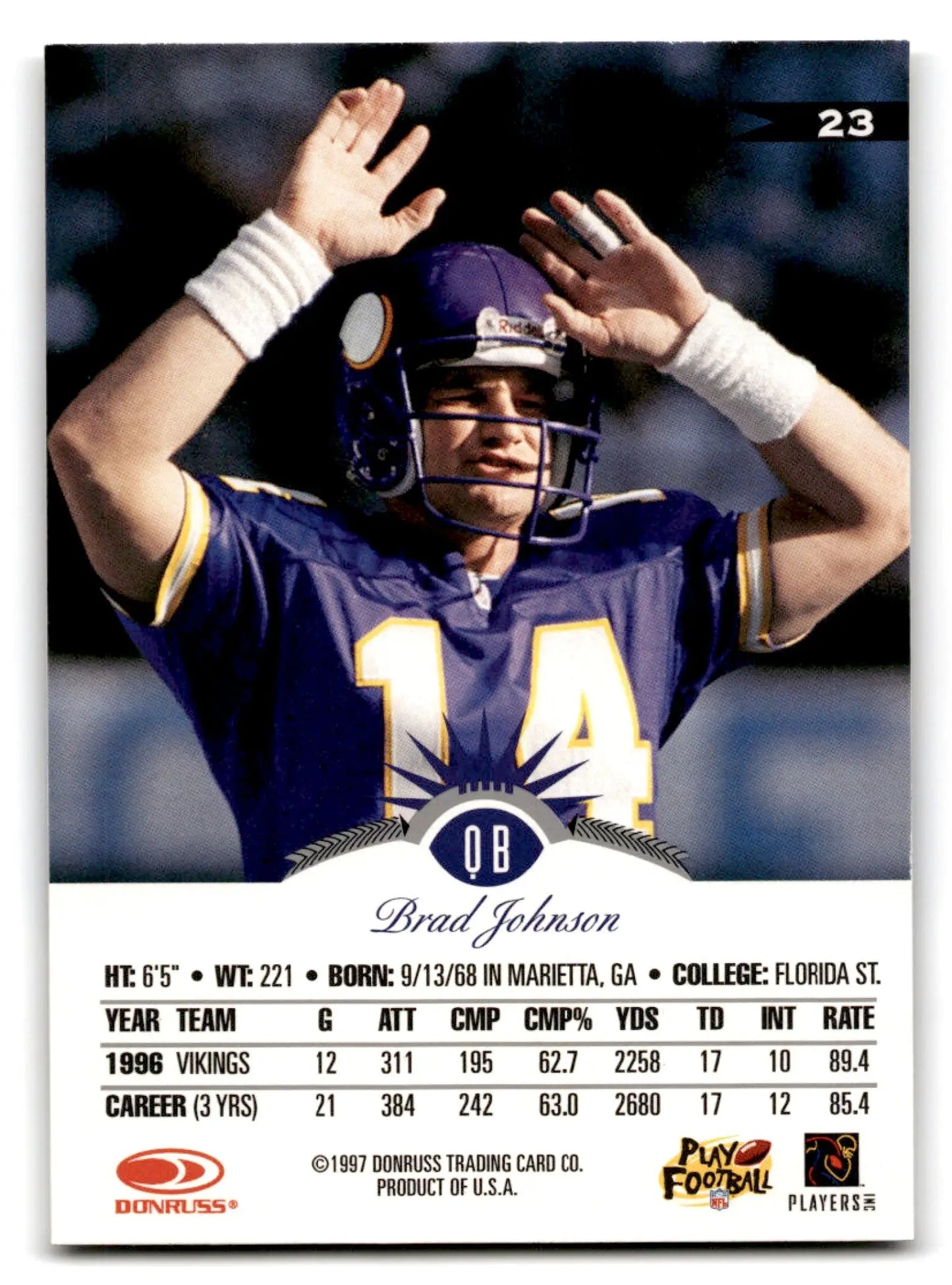 1997 Leaf Football Brad Johnson #23 Minnesota Vikings trading card with 1996 stats
