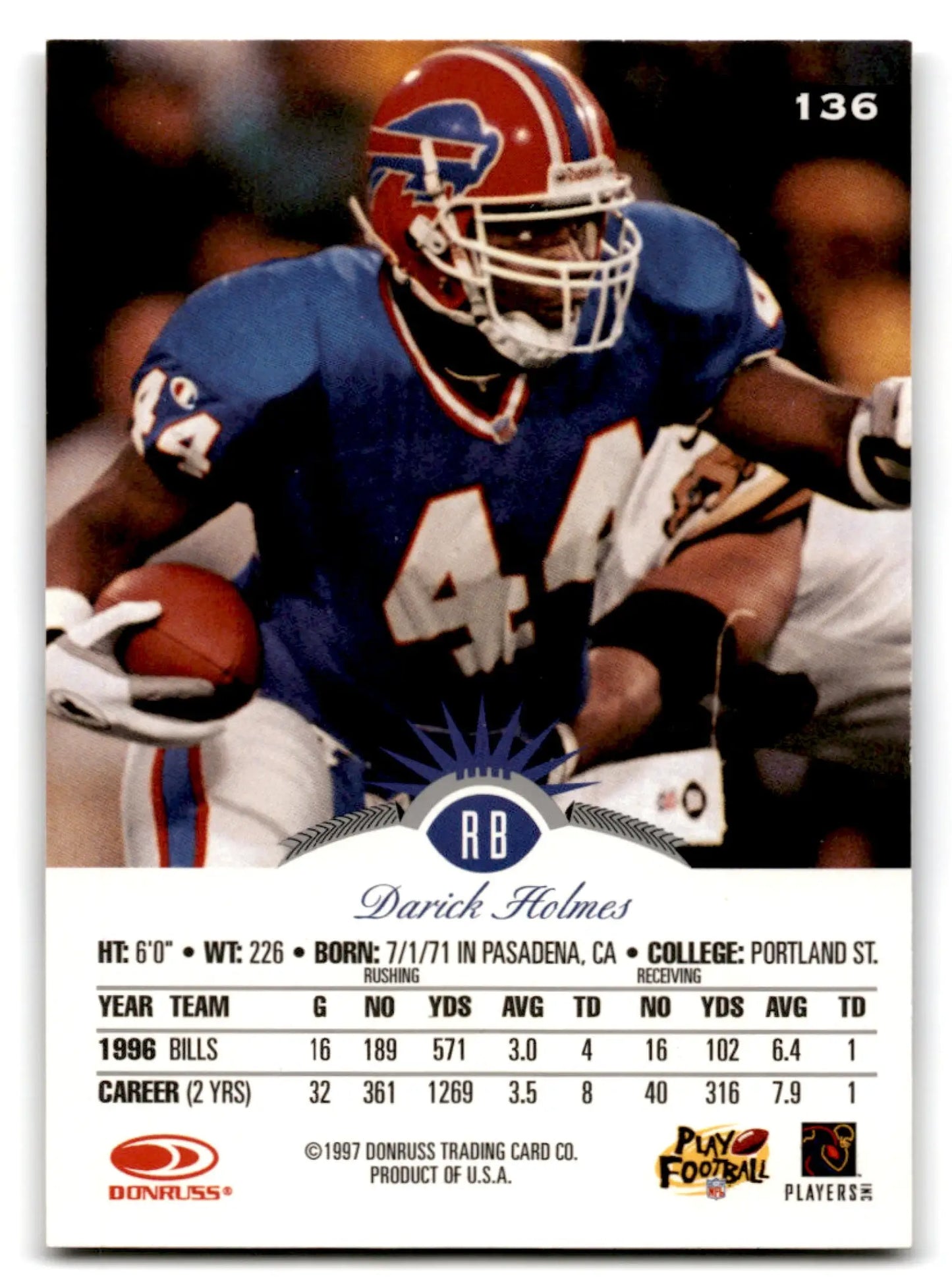 1997 Leaf Football Darick Holmes card featuring Darick Holmes for the Buffalo Bills