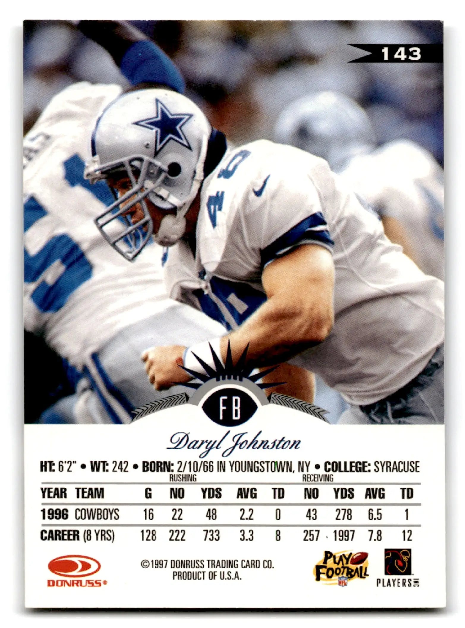 1997 Leaf Football Daryl Johnston trading card featuring Dallas Cowboys fullback stats