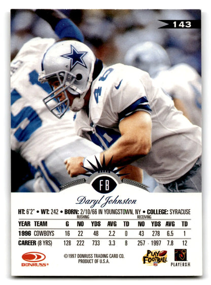1997 Leaf Football Daryl Johnston trading card featuring Dallas Cowboys fullback stats