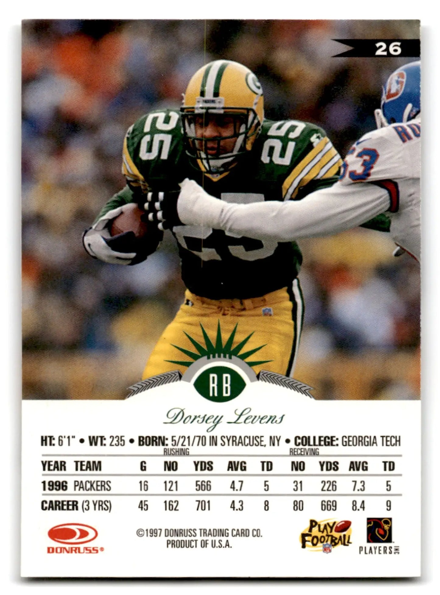 1997 Leaf Football Dorsey Levens card featuring Green Bay Packers player Dorsey Levens