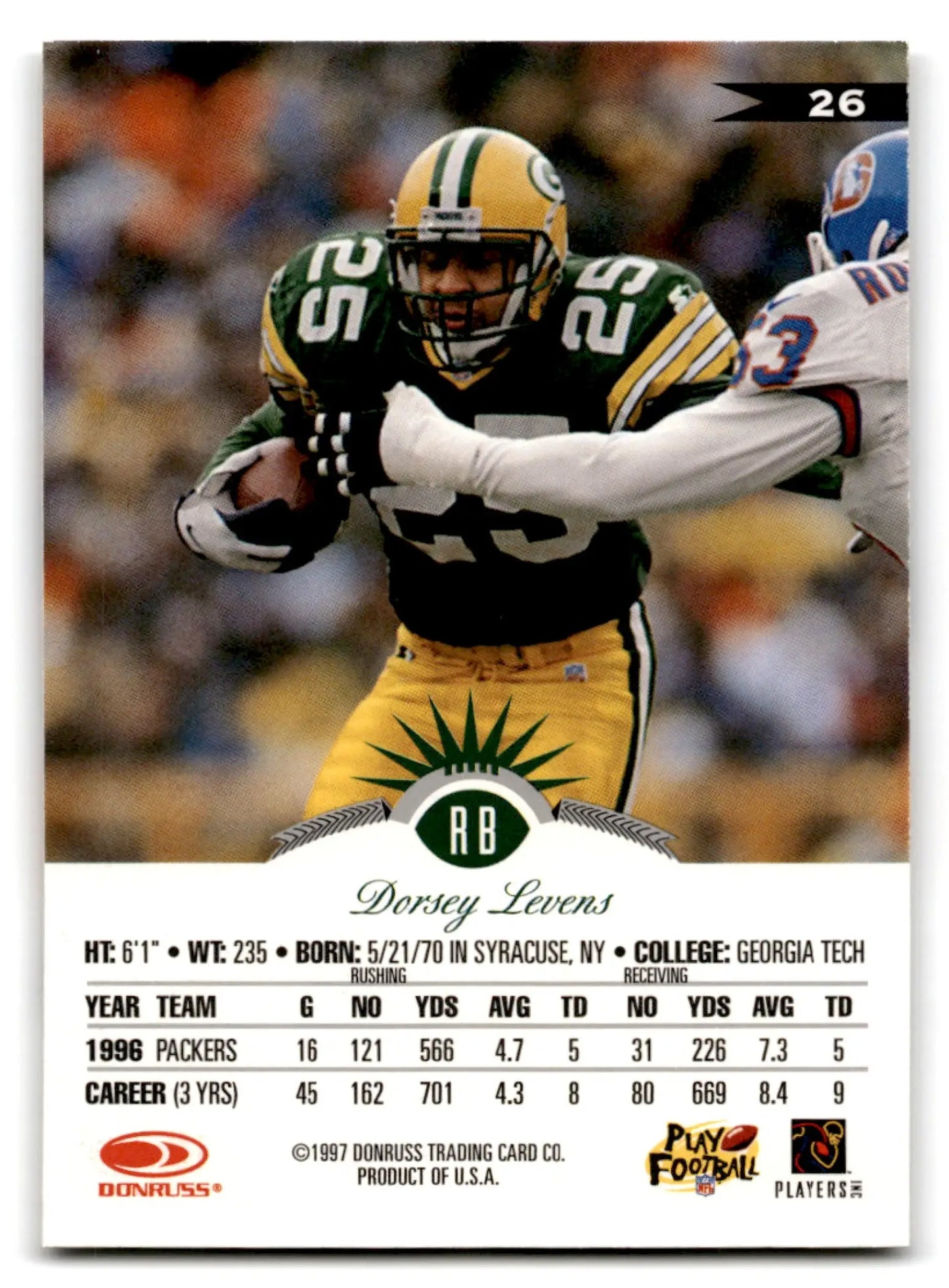 1997 Leaf Football Dorsey Levens card featuring Green Bay Packers player with career stats