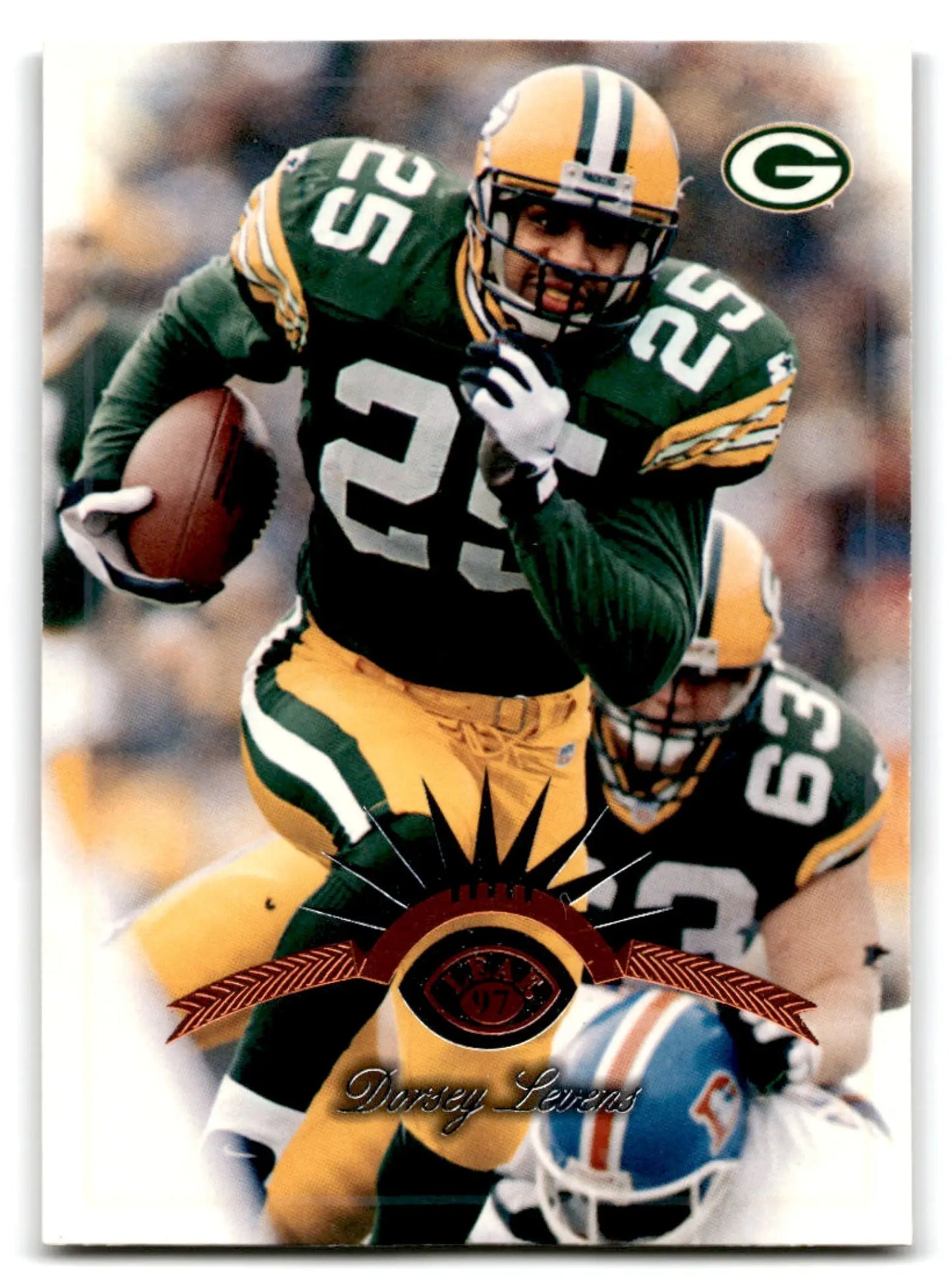 Vintage Green Bay Packers football card featuring Dorsey Levens from 1997 Leaf Football