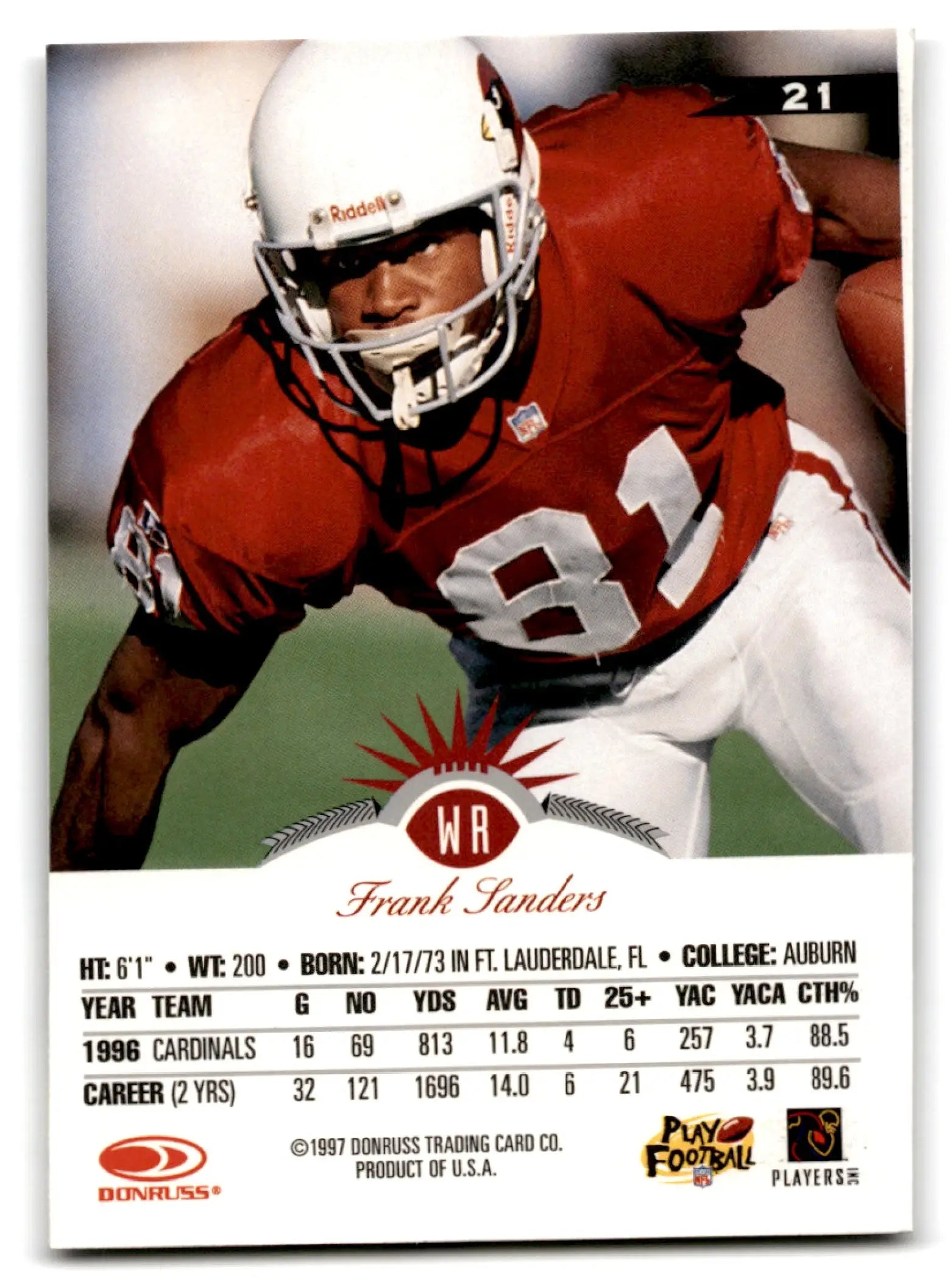 1997 Leaf Football Frank Sanders Arizona Cardinals football card featuring Frank Sanders