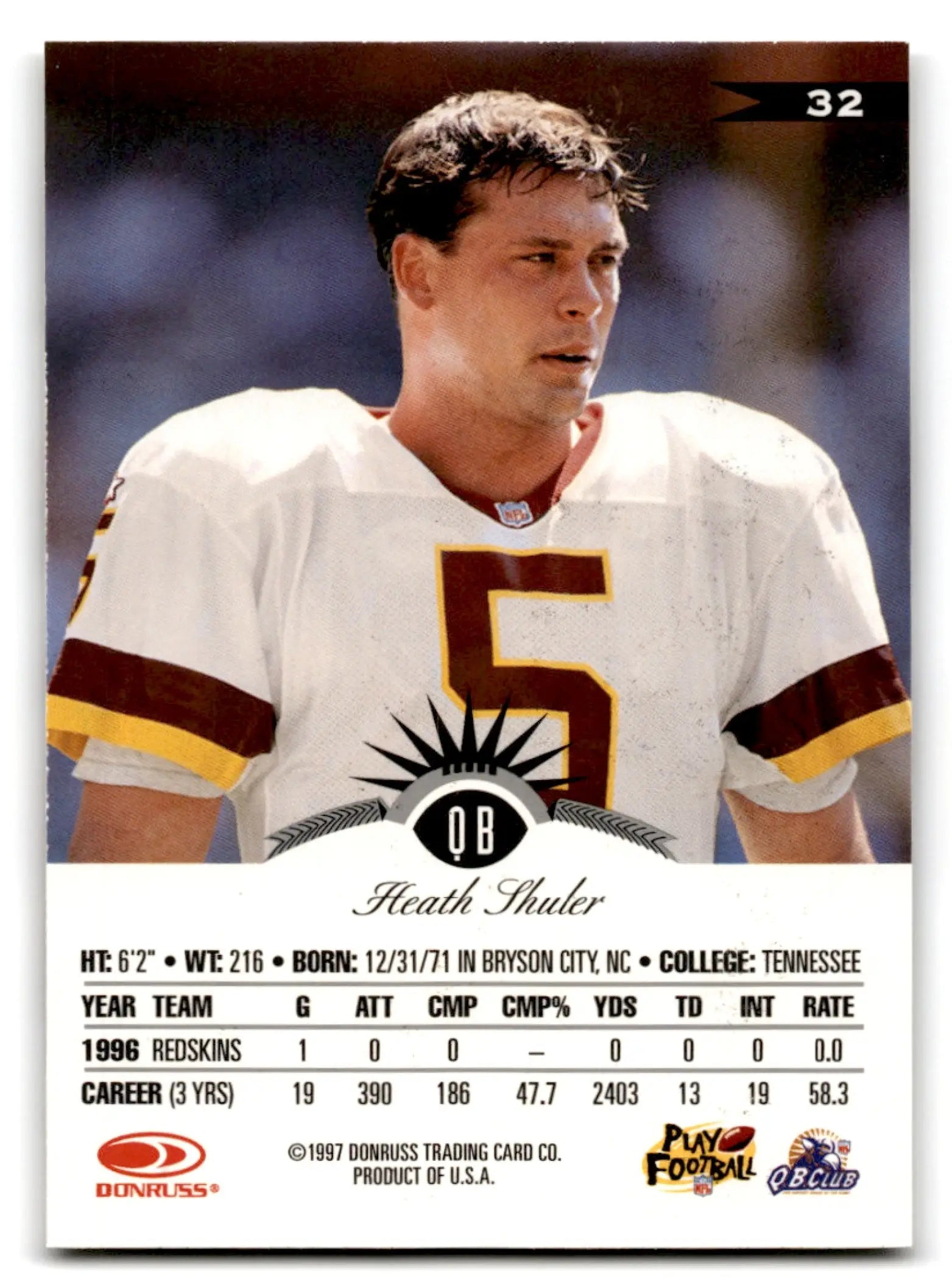 Vintage Leaf Football Heath Shuler trading card from 1997 featuring Football Heath Shuler