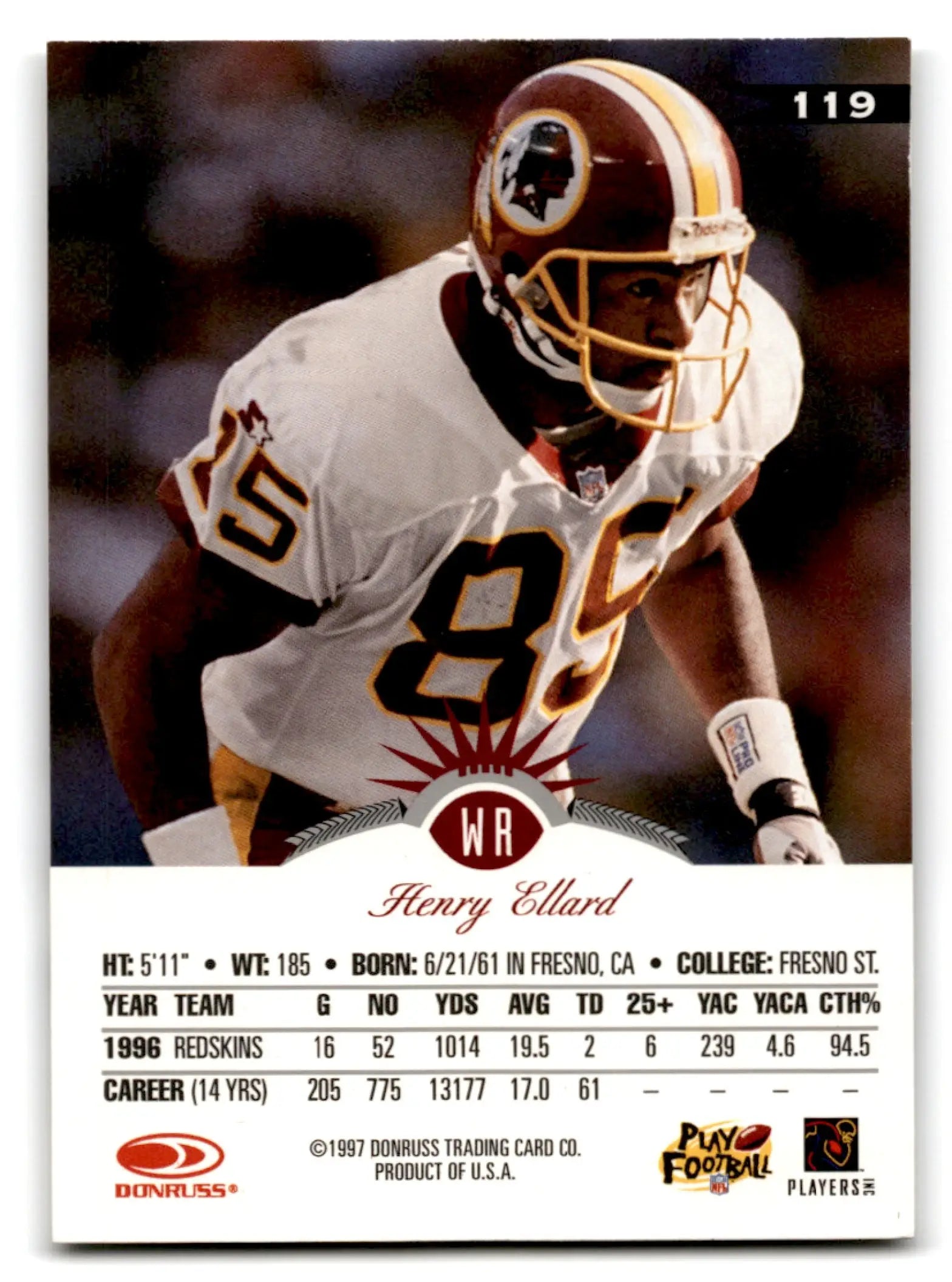 1997 Leaf Football Henry Ellard trading card featuring Henry Ellard in Redskins uniform