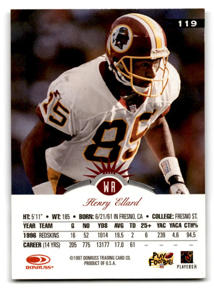1997 Leaf Football Henry Ellard trading card featuring Henry Ellard in Redskins uniform