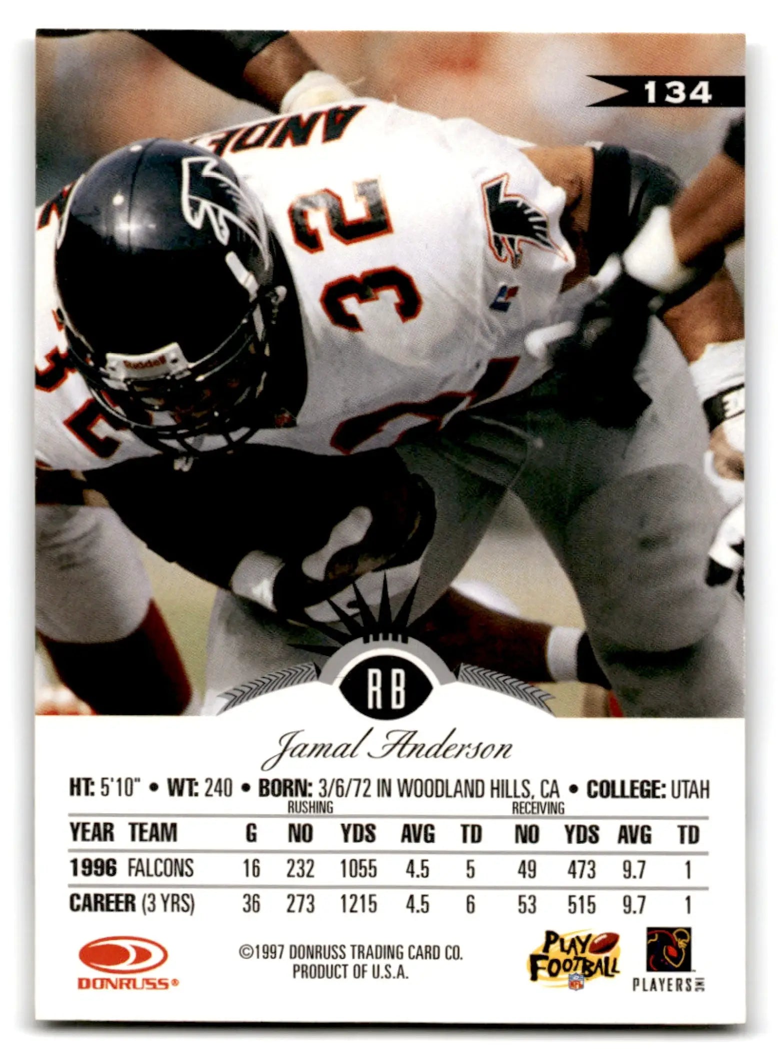 1997 Leaf Football Jamal Anderson trading card featuring Atlanta Falcons player football Jamal Anderson