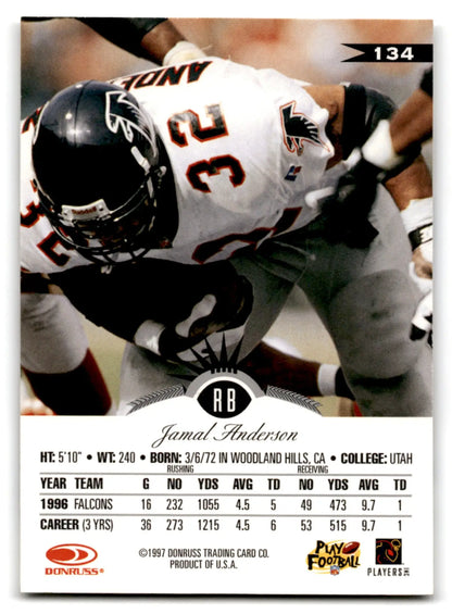 1997 Leaf Football Jamal Anderson trading card featuring Atlanta Falcons player football Jamal Anderson
