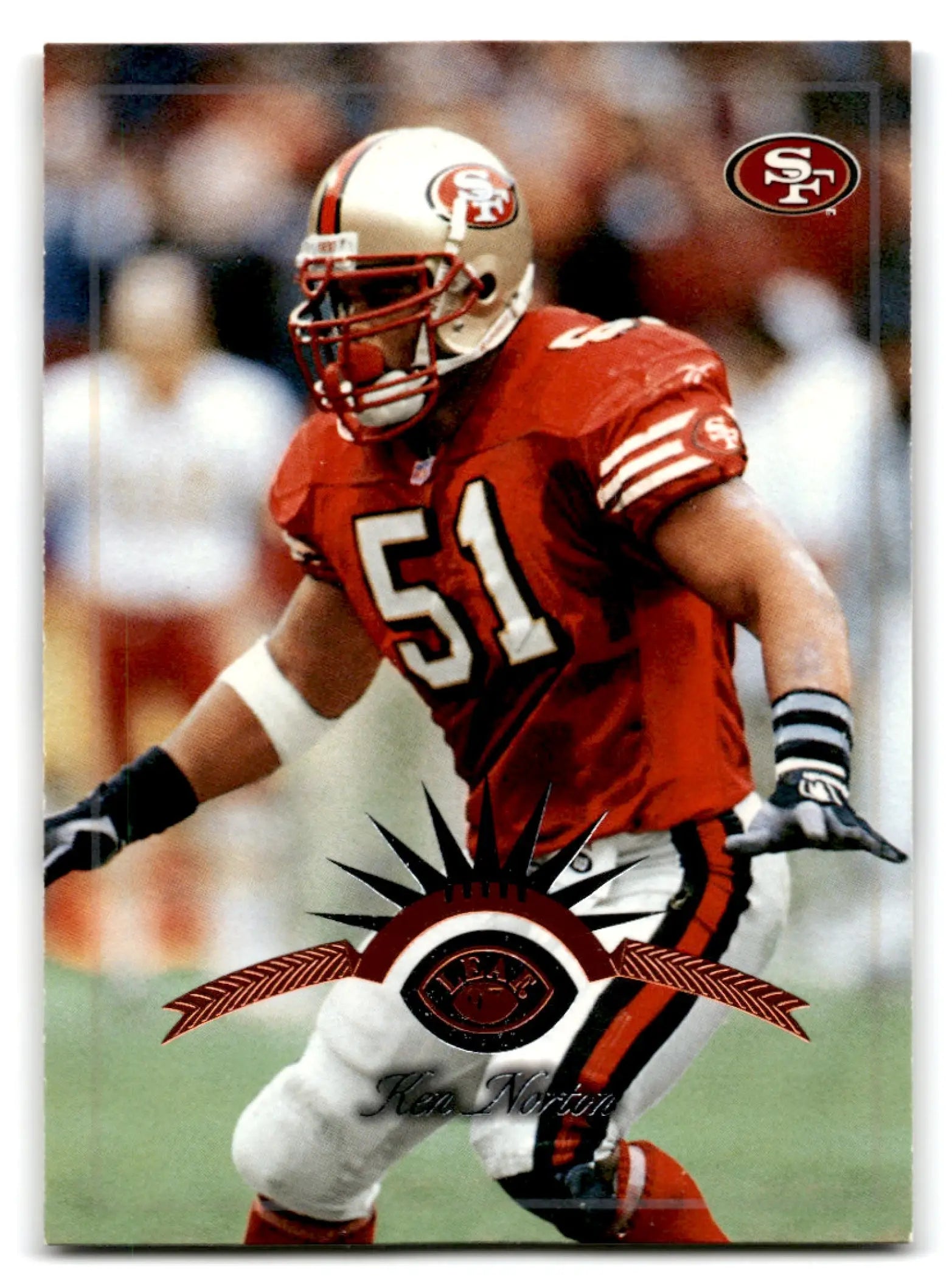 Vintage Leaf Football Ken Ken Norton San Francisco 49ers trading card featuring a red jersey
