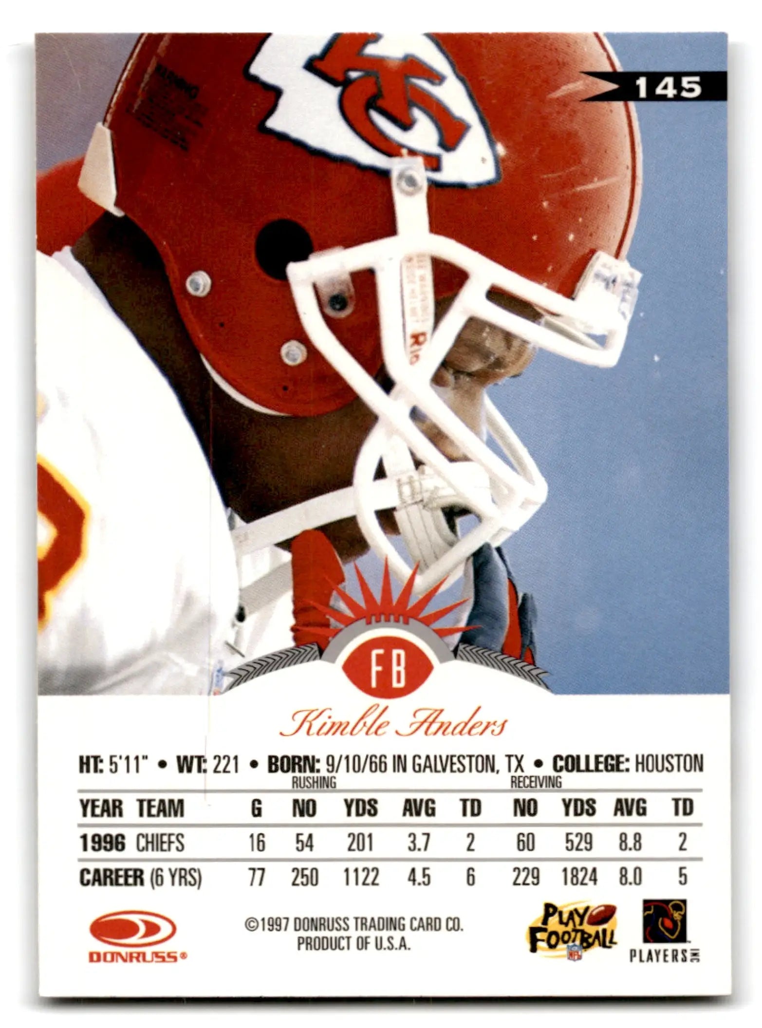 1997 Leaf Football Kimble Anders card with 1996 stats Kansas City Chiefs football kimble