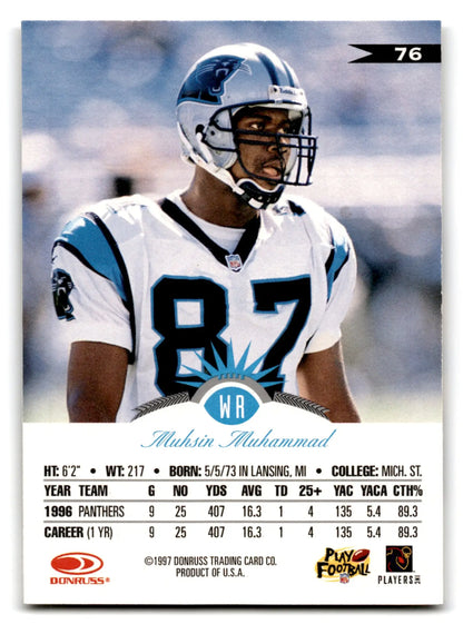 1997 Leaf Football Muhsin Muhammad trading card featuring Carolina Panthers player Muhsin Muhammad