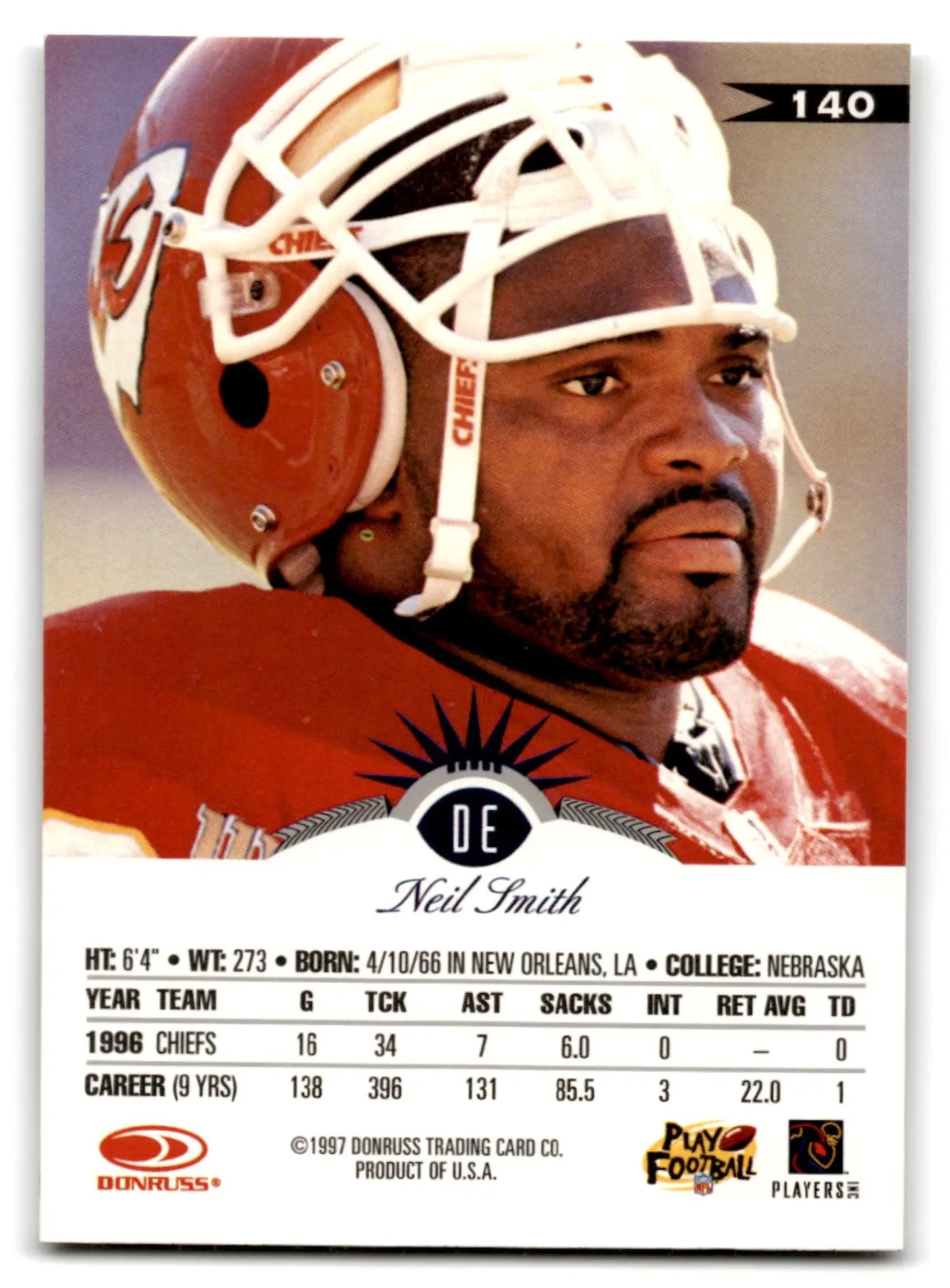 1997 Leaf Football Neil Smith card featuring Neil Smith with 1996 and career stats