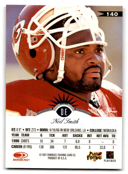 1997 Leaf Football Neil Smith card featuring Neil Smith with 1996 and career stats