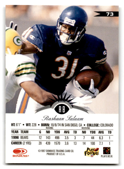 Leaf football Rashaan Salaam 1997 Donruss card with career stats and Chicago Bears logo