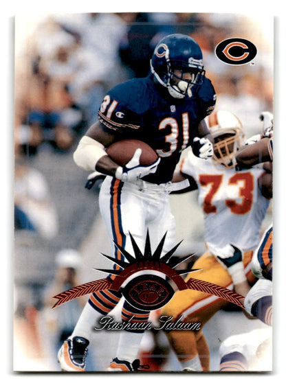 Football trading card of Rashaan Salaam in Chicago Bears uniform from 1997 Leaf Football