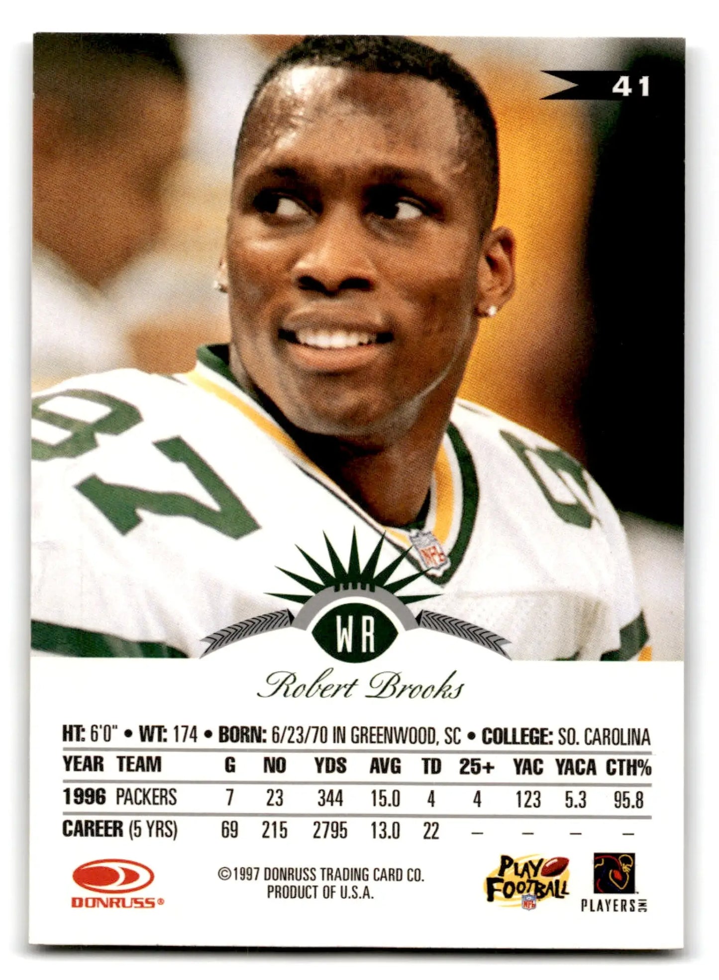 1997 Leaf Football Robert Brooks card featuring Green Bay Packers wide receiver Robert Brooks