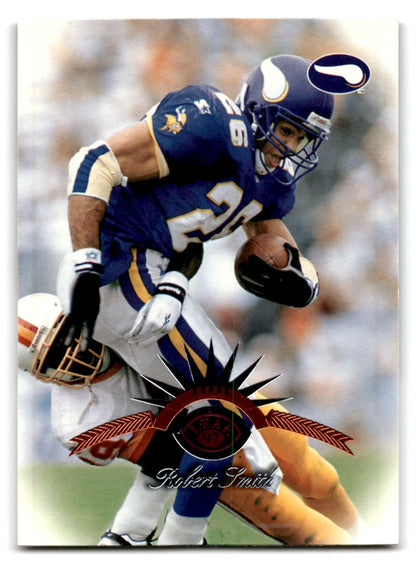 American football trading card featuring Robert Smith in purple and gold uniform with a tackle