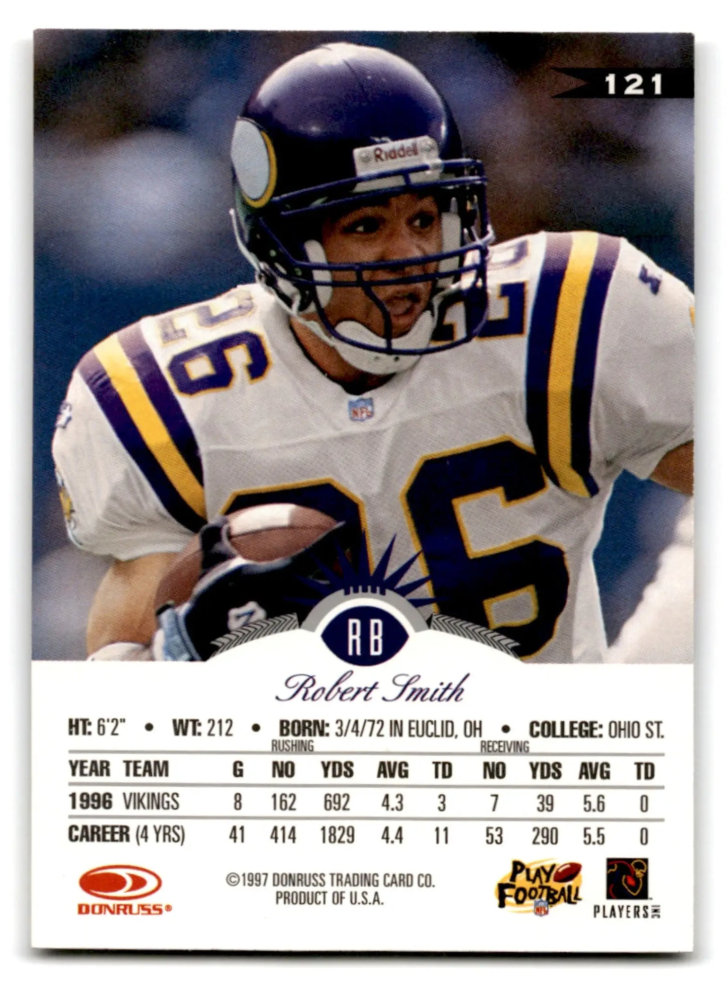 Vintage Leaf Football Robert Smith card from 1997 featuring Minnesota Vikings memorabilia